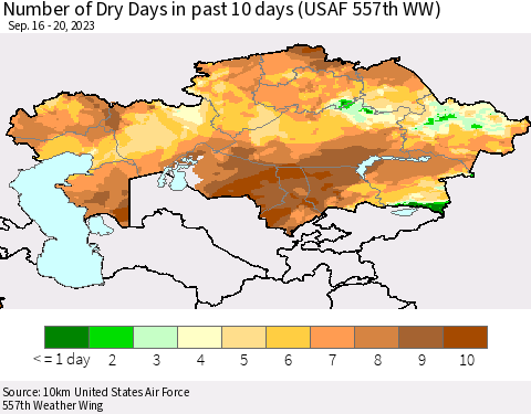 Kazakhstan Number of Dry Days in past 10 days (USAF 557th WW) Thematic Map For 9/16/2023 - 9/20/2023