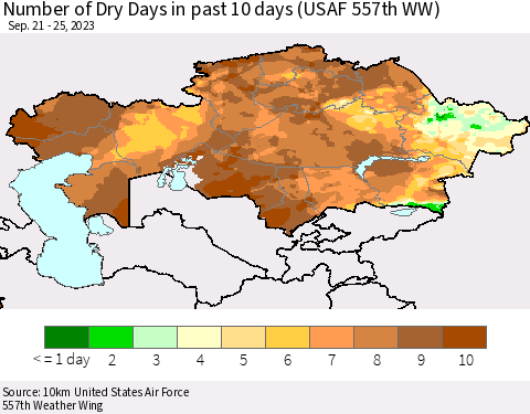 Kazakhstan Number of Dry Days in past 10 days (USAF 557th WW) Thematic Map For 9/21/2023 - 9/25/2023