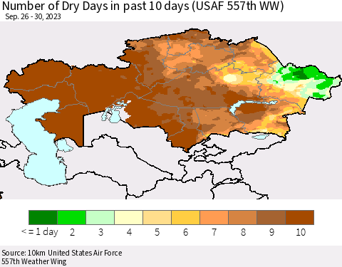 Kazakhstan Number of Dry Days in past 10 days (USAF 557th WW) Thematic Map For 9/26/2023 - 9/30/2023