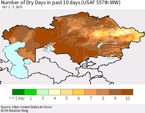 Kazakhstan Number of Dry Days in past 10 days (USAF 557th WW) Thematic Map For 10/1/2023 - 10/5/2023