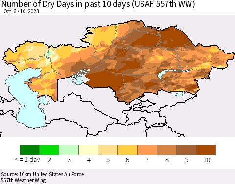 Kazakhstan Number of Dry Days in past 10 days (USAF 557th WW) Thematic Map For 10/6/2023 - 10/10/2023