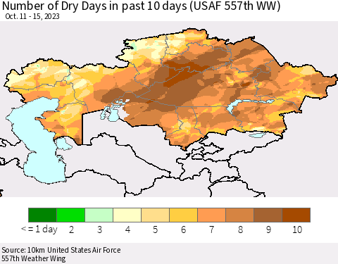 Kazakhstan Number of Dry Days in past 10 days (USAF 557th WW) Thematic Map For 10/11/2023 - 10/15/2023