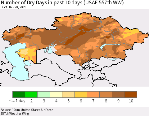 Kazakhstan Number of Dry Days in past 10 days (USAF 557th WW) Thematic Map For 10/16/2023 - 10/20/2023