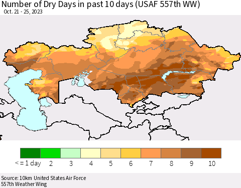 Kazakhstan Number of Dry Days in past 10 days (USAF 557th WW) Thematic Map For 10/21/2023 - 10/25/2023