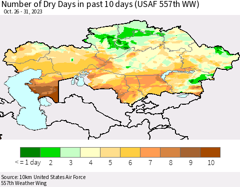 Kazakhstan Number of Dry Days in past 10 days (USAF 557th WW) Thematic Map For 10/26/2023 - 10/31/2023