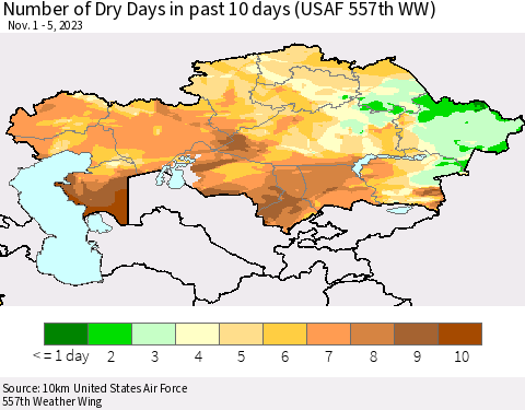 Kazakhstan Number of Dry Days in past 10 days (USAF 557th WW) Thematic Map For 11/1/2023 - 11/5/2023