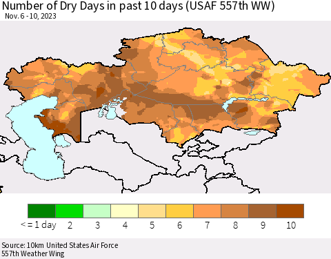 Kazakhstan Number of Dry Days in past 10 days (USAF 557th WW) Thematic Map For 11/6/2023 - 11/10/2023