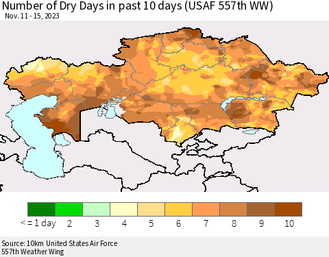 Kazakhstan Number of Dry Days in past 10 days (USAF 557th WW) Thematic Map For 11/11/2023 - 11/15/2023