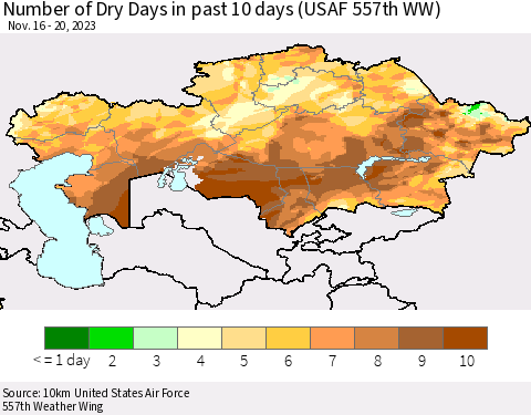 Kazakhstan Number of Dry Days in past 10 days (USAF 557th WW) Thematic Map For 11/16/2023 - 11/20/2023