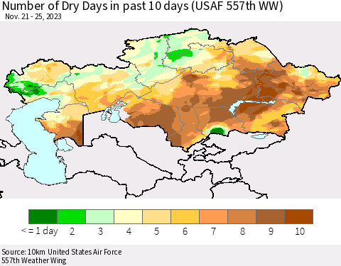 Kazakhstan Number of Dry Days in past 10 days (USAF 557th WW) Thematic Map For 11/21/2023 - 11/25/2023