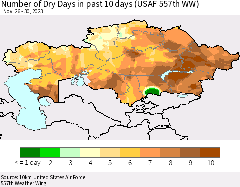 Kazakhstan Number of Dry Days in past 10 days (USAF 557th WW) Thematic Map For 11/26/2023 - 11/30/2023