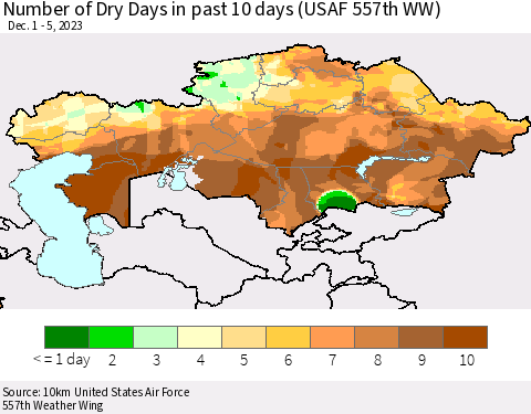 Kazakhstan Number of Dry Days in past 10 days (USAF 557th WW) Thematic Map For 12/1/2023 - 12/5/2023