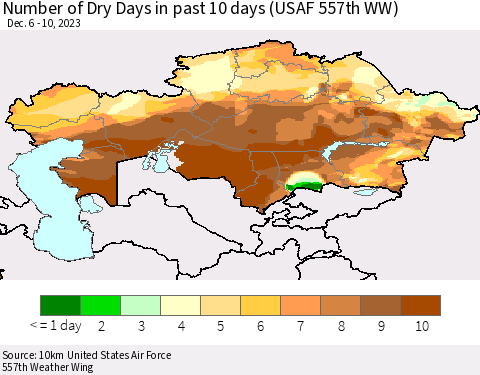 Kazakhstan Number of Dry Days in past 10 days (USAF 557th WW) Thematic Map For 12/6/2023 - 12/10/2023