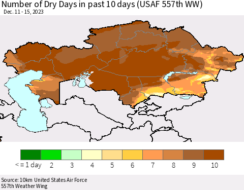 Kazakhstan Number of Dry Days in past 10 days (USAF 557th WW) Thematic Map For 12/11/2023 - 12/15/2023