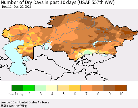 Kazakhstan Number of Dry Days in past 10 days (USAF 557th WW) Thematic Map For 12/16/2023 - 12/20/2023