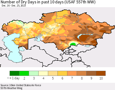 Kazakhstan Number of Dry Days in past 10 days (USAF 557th WW) Thematic Map For 12/21/2023 - 12/25/2023