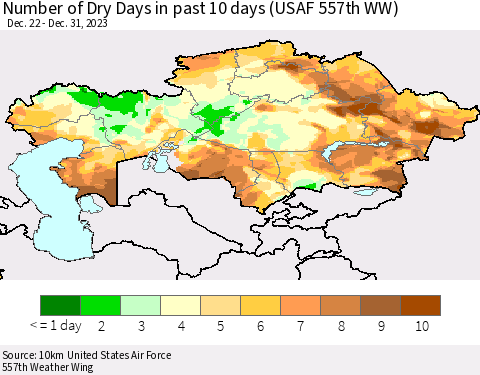 Kazakhstan Number of Dry Days in past 10 days (USAF 557th WW) Thematic Map For 12/26/2023 - 12/31/2023