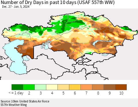 Kazakhstan Number of Dry Days in past 10 days (USAF 557th WW) Thematic Map For 1/1/2024 - 1/5/2024