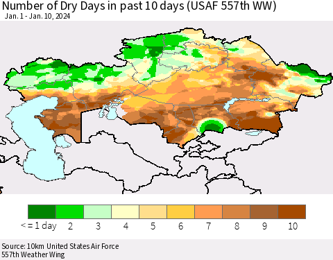 Kazakhstan Number of Dry Days in past 10 days (USAF 557th WW) Thematic Map For 1/6/2024 - 1/10/2024