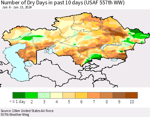 Kazakhstan Number of Dry Days in past 10 days (USAF 557th WW) Thematic Map For 1/11/2024 - 1/15/2024