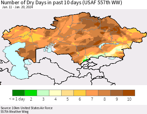 Kazakhstan Number of Dry Days in past 10 days (USAF 557th WW) Thematic Map For 1/16/2024 - 1/20/2024