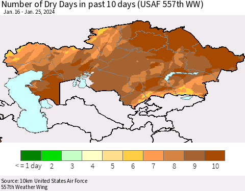 Kazakhstan Number of Dry Days in past 10 days (USAF 557th WW) Thematic Map For 1/21/2024 - 1/25/2024