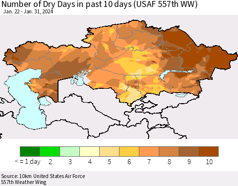 Kazakhstan Number of Dry Days in past 10 days (USAF 557th WW) Thematic Map For 1/26/2024 - 1/31/2024