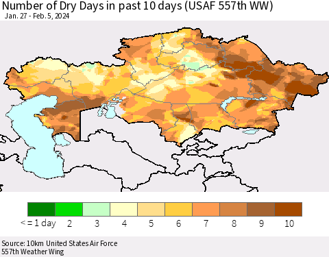 Kazakhstan Number of Dry Days in past 10 days (USAF 557th WW) Thematic Map For 2/1/2024 - 2/5/2024