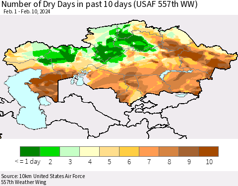 Kazakhstan Number of Dry Days in past 10 days (USAF 557th WW) Thematic Map For 2/6/2024 - 2/10/2024