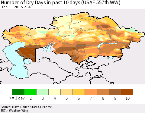 Kazakhstan Number of Dry Days in past 10 days (USAF 557th WW) Thematic Map For 2/11/2024 - 2/15/2024