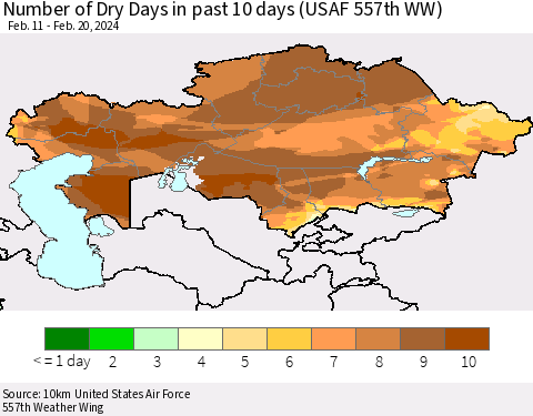 Kazakhstan Number of Dry Days in past 10 days (USAF 557th WW) Thematic Map For 2/16/2024 - 2/20/2024