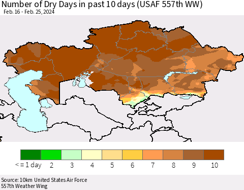 Kazakhstan Number of Dry Days in past 10 days (USAF 557th WW) Thematic Map For 2/21/2024 - 2/25/2024