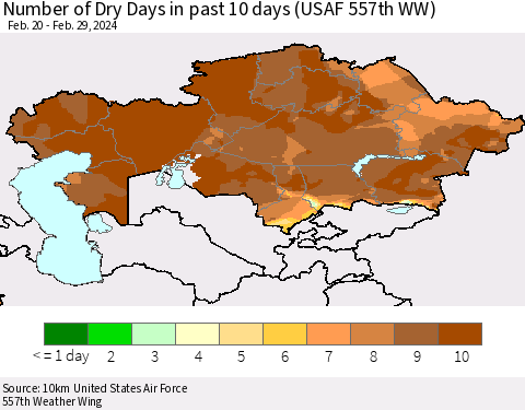 Kazakhstan Number of Dry Days in past 10 days (USAF 557th WW) Thematic Map For 2/26/2024 - 2/29/2024