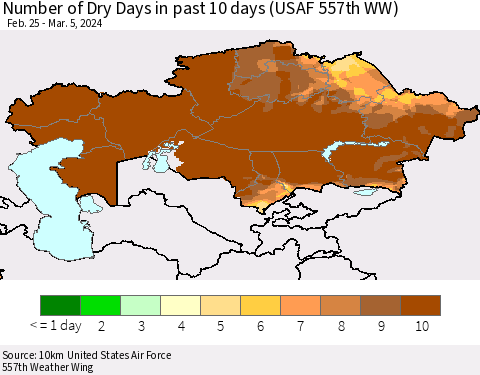 Kazakhstan Number of Dry Days in past 10 days (USAF 557th WW) Thematic Map For 3/1/2024 - 3/5/2024