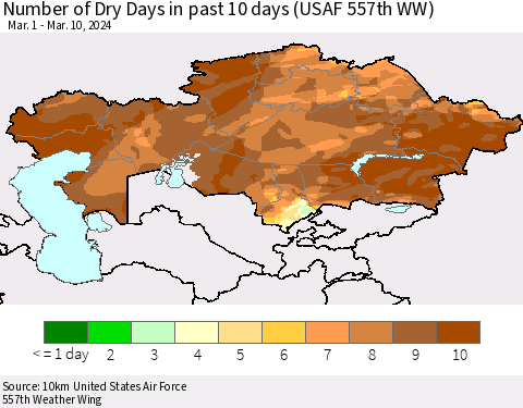 Kazakhstan Number of Dry Days in past 10 days (USAF 557th WW) Thematic Map For 3/6/2024 - 3/10/2024