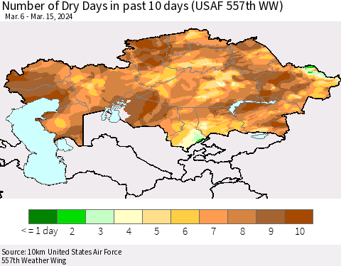 Kazakhstan Number of Dry Days in past 10 days (USAF 557th WW) Thematic Map For 3/11/2024 - 3/15/2024