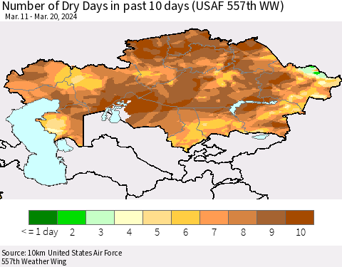Kazakhstan Number of Dry Days in past 10 days (USAF 557th WW) Thematic Map For 3/16/2024 - 3/20/2024