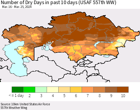 Kazakhstan Number of Dry Days in past 10 days (USAF 557th WW) Thematic Map For 3/21/2024 - 3/25/2024