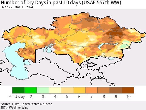 Kazakhstan Number of Dry Days in past 10 days (USAF 557th WW) Thematic Map For 3/26/2024 - 3/31/2024