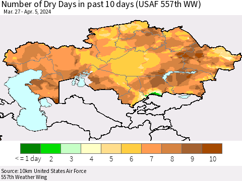 Kazakhstan Number of Dry Days in past 10 days (USAF 557th WW) Thematic Map For 4/1/2024 - 4/5/2024