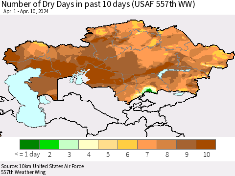 Kazakhstan Number of Dry Days in past 10 days (USAF 557th WW) Thematic Map For 4/6/2024 - 4/10/2024