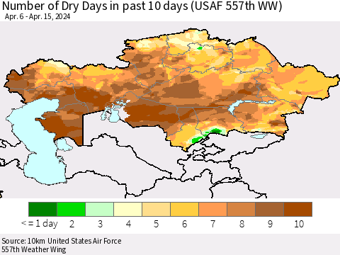 Kazakhstan Number of Dry Days in past 10 days (USAF 557th WW) Thematic Map For 4/11/2024 - 4/15/2024