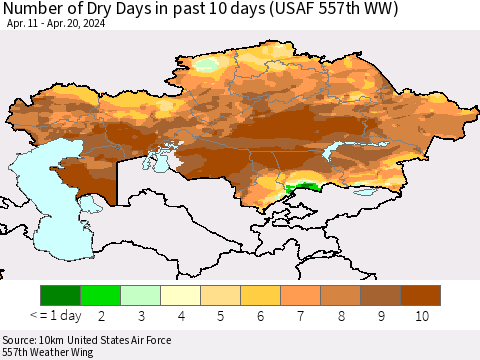 Kazakhstan Number of Dry Days in past 10 days (USAF 557th WW) Thematic Map For 4/16/2024 - 4/20/2024