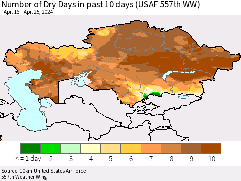 Kazakhstan Number of Dry Days in past 10 days (USAF 557th WW) Thematic Map For 4/21/2024 - 4/25/2024
