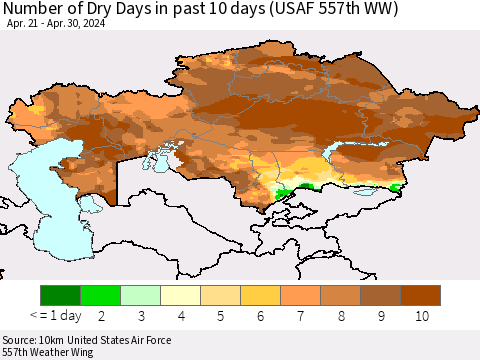 Kazakhstan Number of Dry Days in past 10 days (USAF 557th WW) Thematic Map For 4/26/2024 - 4/30/2024