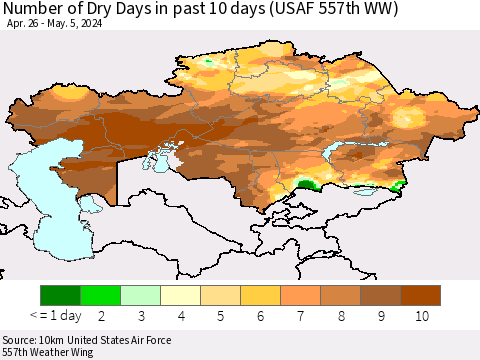Kazakhstan Number of Dry Days in past 10 days (USAF 557th WW) Thematic Map For 5/1/2024 - 5/5/2024