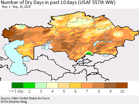 Kazakhstan Number of Dry Days in past 10 days (USAF 557th WW) Thematic Map For 5/6/2024 - 5/10/2024
