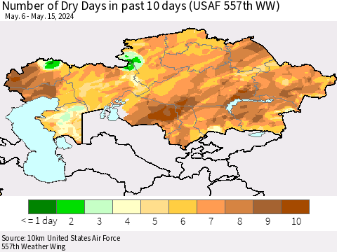 Kazakhstan Number of Dry Days in past 10 days (USAF 557th WW) Thematic Map For 5/11/2024 - 5/15/2024