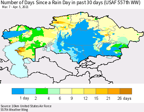 Kazakhstan Number of Days Since a Rain Day in past 30 days (USAF 557th WW) Thematic Map For 4/1/2021 - 4/5/2021