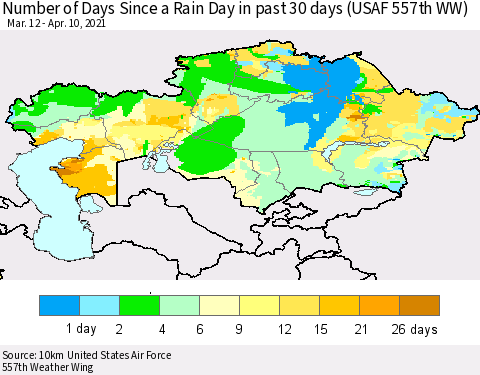 Kazakhstan Number of Days Since a Rain Day in past 30 days (USAF 557th WW) Thematic Map For 4/6/2021 - 4/10/2021